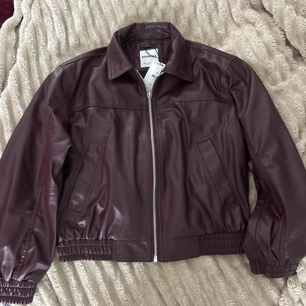 Bershka Burgundy Faux Leather Bomber Jacket